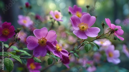 Rugosa rose echo in floral tempo concept. Beautiful pink flowers blooming in a lush green environment.