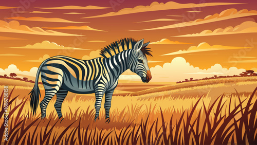A quagga grazes on golden grass at sunset in the open plains of southern Africa, its stripes fading toward the back