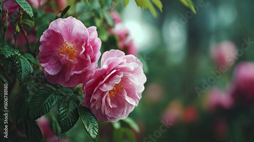 Rugosa rose echo in floral tempo concept. Vibrant pink flowers blooming in a lush green environment.