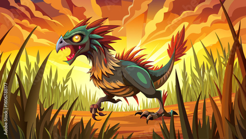 A terror bird with sharp claws dashes through tall dry grass under the burning midday sun