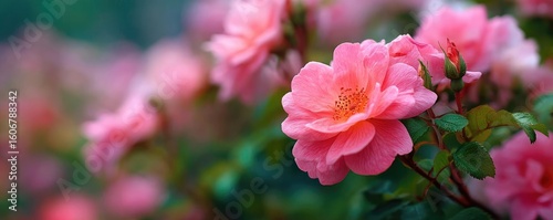 Rugosa rose echo in floral tempo concept. Delicate pink flowers blooming in a serene garden setting.