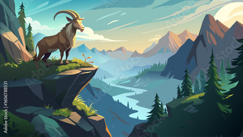 A prehistoric goat perches on a steep alpine cliffside, staring down at the valley blanketed in early morning fog