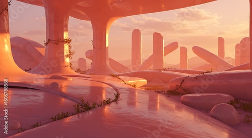A futuristic, surreal landscape featuring organic architecture bathed in warm, sunset hues.