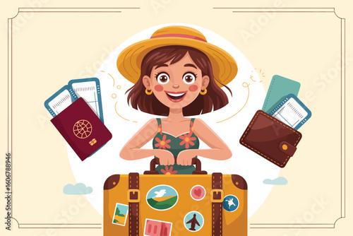 Woman with hat and suitcase surrounded by passport wallet and tickets ready for a travel adventure trip