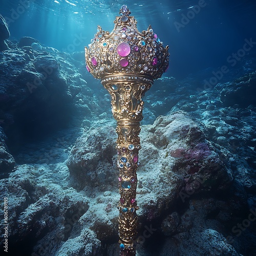 Golden ornate scepter underwater with gemstones in a beautiful aquatic underwater photo
