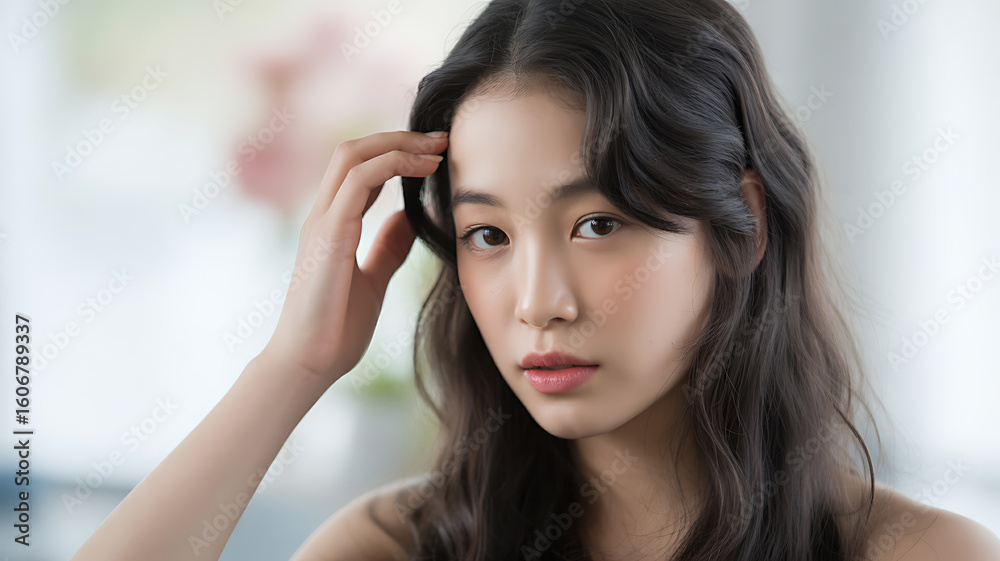 Young East Asian Woman with Wavy Dark Hair young woman portrait Young East Asian Woman with Wavy Dark Hair young woman portrait