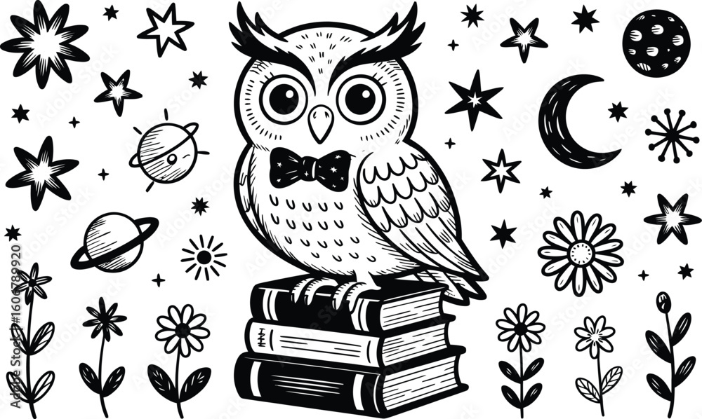 Obraz premium Black and white owl on books with stars planets flowers and moon illustration