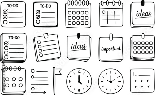 Black and White Doodle Style Icons of Calendars Clocks and To- Do Lists