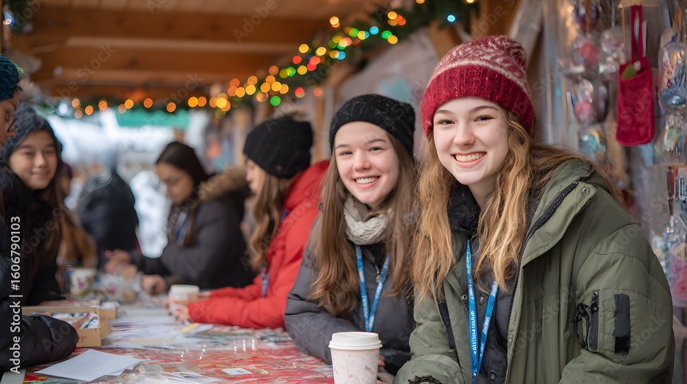 Obraz premium Smiling Teen Girls Working at Winter Holiday Market Stall