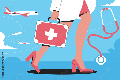Illustration of a doctor with a first aid kit and stethoscope against a blue sky with airplanes