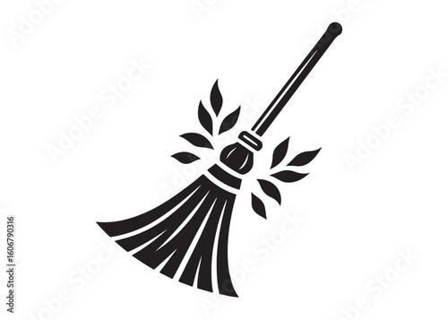 broom silhouette vector logo illustration, cleaning broom logo design, halloween witch broom silhouette  vector logo,  broom cleaning tool logo vector silhouette on white background