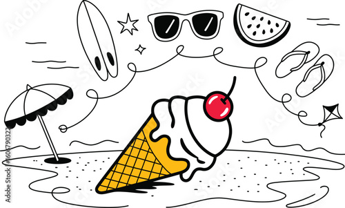 Summer Beach Scene with Ice Cream Surfboard Sunglasses and Kite