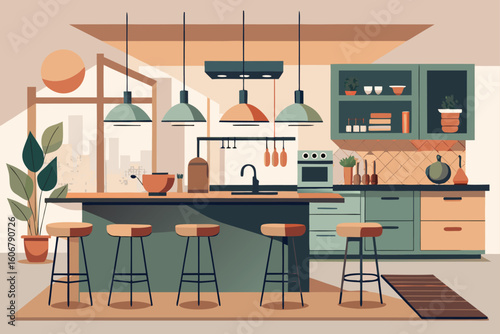 Open Kitchen-Dining Room Interior Vector