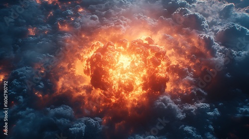 Intense explosion in the sky with dramatic clouds creating an atmosphere of destruction photo