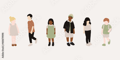 flat minimal children male and female vector illustration in summer spring clothing concept isolated set collection. For architecture rendering, graphic design, info graphic, media