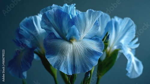 Iris minimal with tempo and flower concept. Beautiful blue flowers with delicate petals and soft background.