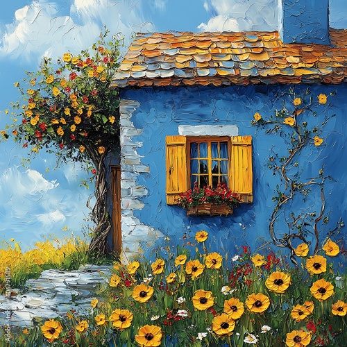 Impressionistic photo of a quaint blue cottage with yellow shutters surrounded by sunflowers and a blossoming tree