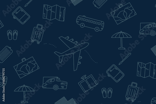 Travel themed pattern featuring airplane suitcases maps cars buses and beach umbrellas on dark blue background