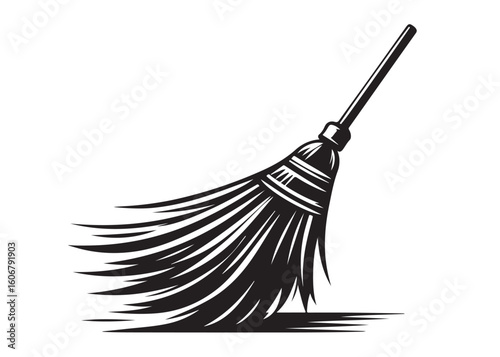 broom silhouette vector logo illustration, cleaning broom logo design, halloween witch broom silhouette  vector logo,  broom cleaning tool logo vector silhouette on white background