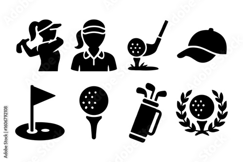Silhouette golf icons set: players, equipment, and course elements for sport design