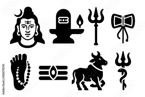 Shiva symbols collection: trident, lingam, nandi, and vibhuti icons in black silhouette style