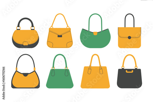 A collection of eight differently styled handbags in yellow green and black on a white background