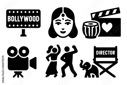 Bollywood icons set featuring dance, film, and music symbols in bold silhouette style