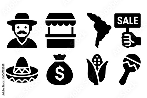 Bold silhouette icons representing latin american culture and economy