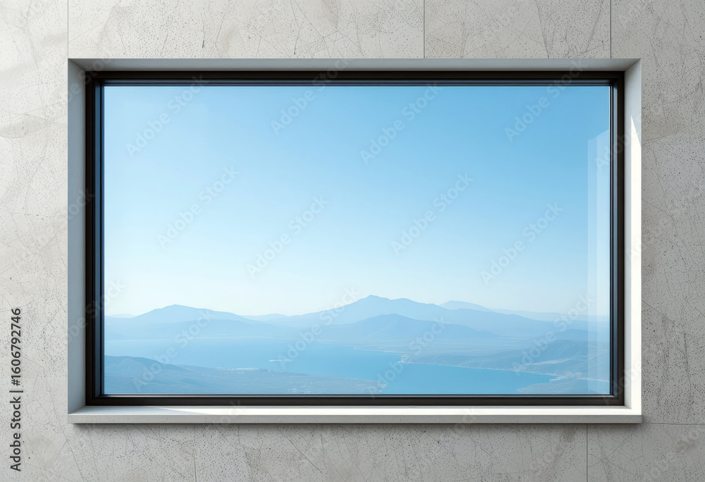 Fototapeta premium Scenic View of Mountains and Lake Framed by a Modern Window Indoors.