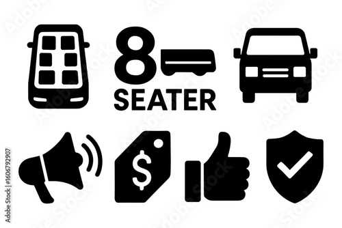 Car icon set: 8 seater, price tag, thumbs up, and more in bold style