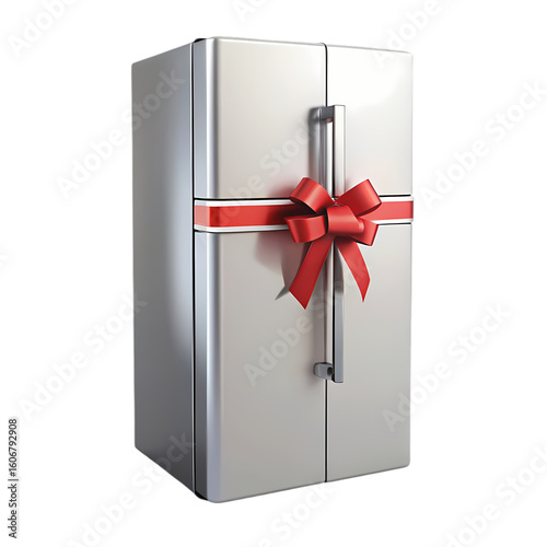 New Refrigerator Stainless Steel Appliance with Red Ribbon Gift Bow  Perfect for Kitchen Upgrades