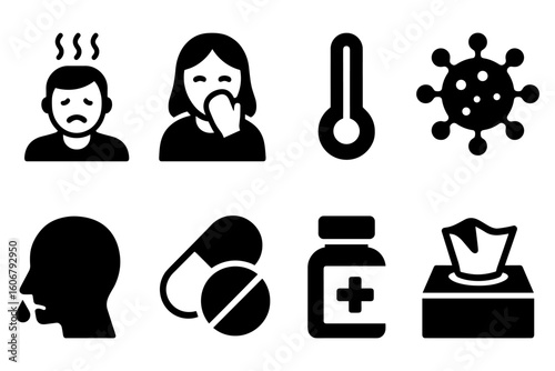 Symptoms and remedies icons: cold, fever, flu, medicine, and hygiene essentials