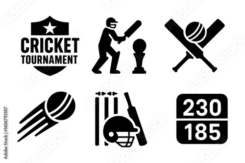 Cricket tournament icons set: silhouette sports symbols for competition design