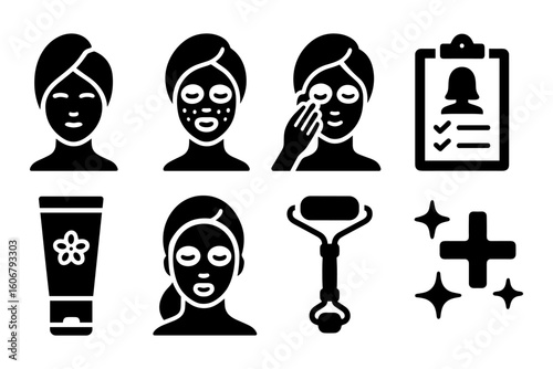 Skincare routine icons: silhouette symbols of facial cleansing and beauty tools
