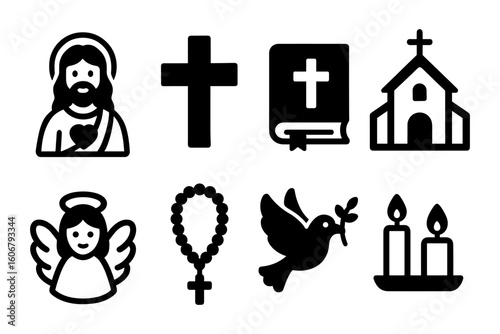 Christian symbols: cross, bible, church, angel, rosary, dove, candles icon set