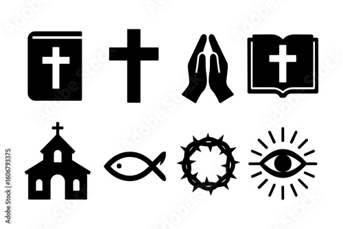 Set of religious symbols in minimal silhouette style for faith and worship icons