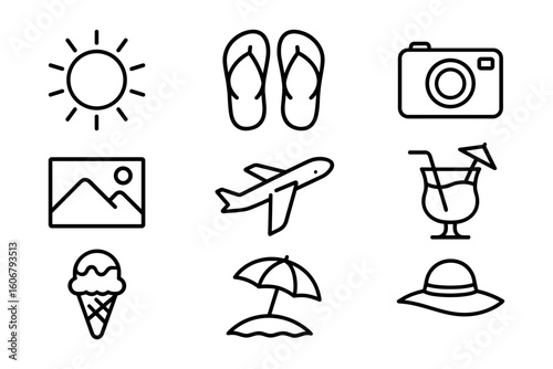 Summer travel icons: outline style essentials for vacation and beach adventures