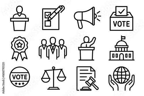 Election icons: voting, politics, and democracy in simple line design