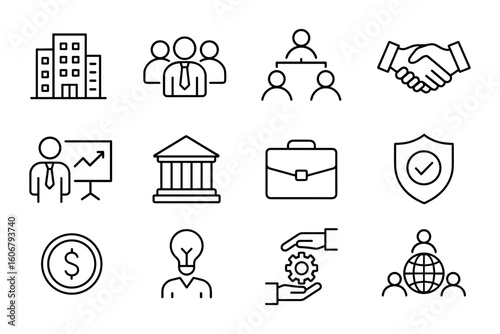 Linear business icons: office, management, finance, and communication symbols