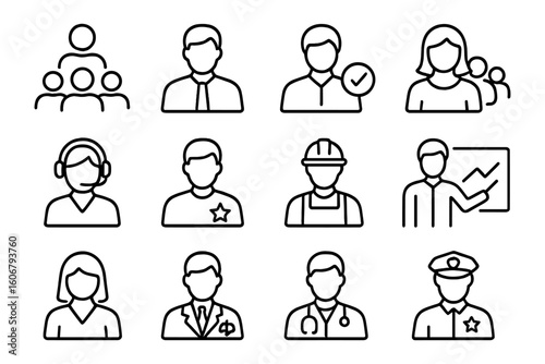 Linear outline icons of professionals and teamwork for business and communication
