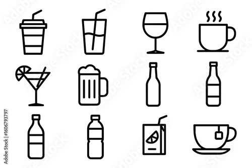 Minimalist beverage icons: coffee, juice, wine, beer, and cocktails in bold black outline