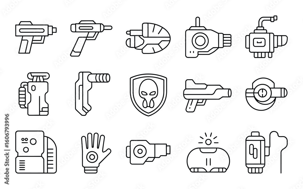 Fototapeta premium Sci-Fi Weapons and Gadgets Line Art Vector Icon Set: Blasters, Ray Guns, Shields & Alien Tech - Futuristic Outline Graphics