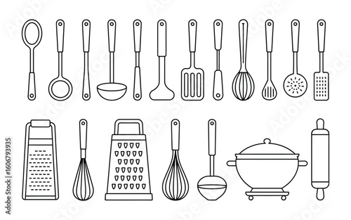 Kitchen Utensils & Cookware Line Art Vector Icon Set: Spoons, Ladles, Spatulas, Whisks, Graters & Pots - Cooking Tools Outline Graphics