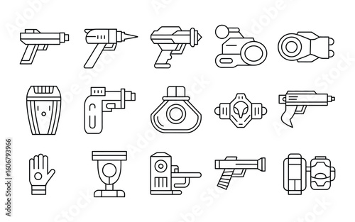 Sci-Fi Weapons & Tools Line Art Vector Icon Set: Laser Guns, Blasters, Futuristic Devices & Alien Technology - Outline Graphics