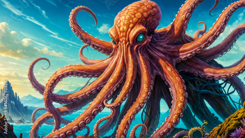 Huge, fantastic, creepy octopus rises out of the ocean against backdrop of jagged mountains and blue sky. Fairy tale character. Copy space for text.