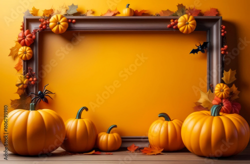 Autumn blank frame for card, invitations, with pumpkins and yellow fallen leaves. Festive Theme of Halloween, fall, tradition, and seasonal promotions, celebration. Copy space for text.