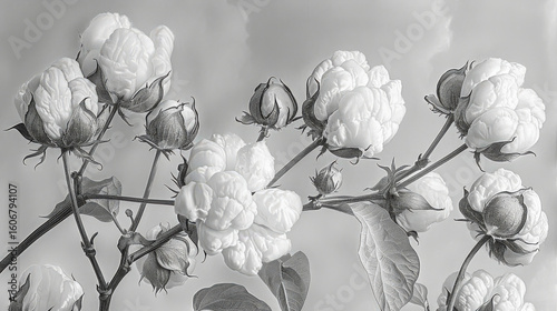 Field with ripe, open cotton pods in style of three-dimensional black-and-white pencil drawing. Opened fluffy cotton flowers buds, ready for harvesting. On background of sky. Close-up. Copy space.