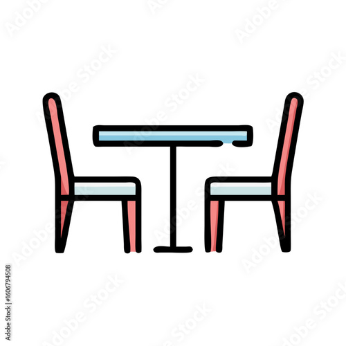 Colorful illustration of a table with two stylish chairs, modern dining setup, contemporary furniture design
