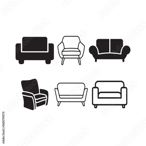 Collection of six different black and white armchair and sofa silhouettes