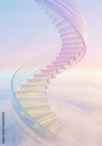 A translucent spiral staircase ascends into a pastel-colored sky above clouds.